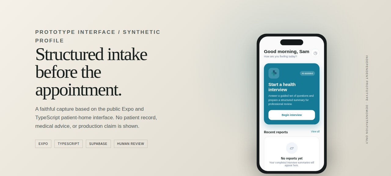 MedBrief prototype patient-home screen in a phone mockup beside a note describing structured intake.